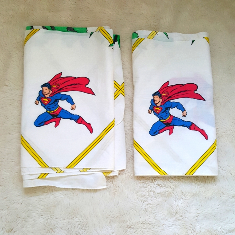 Super Man Vintage fabric scraps. White. Yellow. Red. Blue. Green.